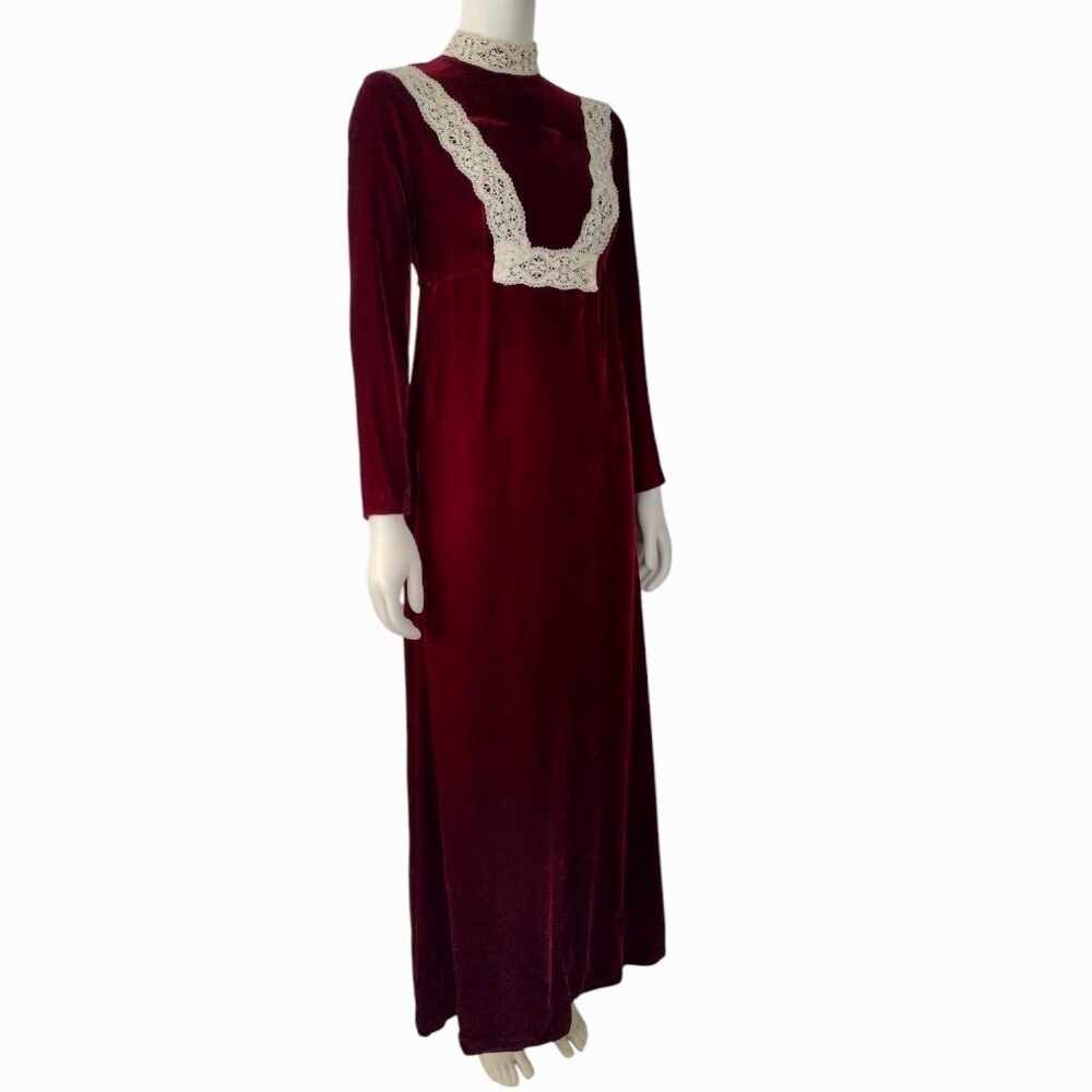 Vintage 1970s Red Velvet Empire Waist Long Sleeved Mock Neck Maxi Dress - Picture 3 of 13